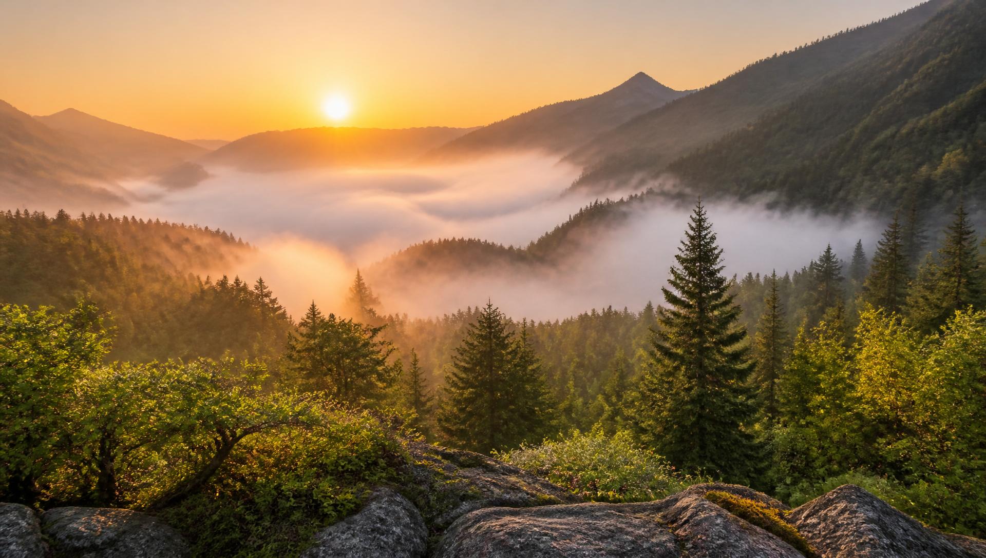 Misty mountain valley at sunrise with lush green forests